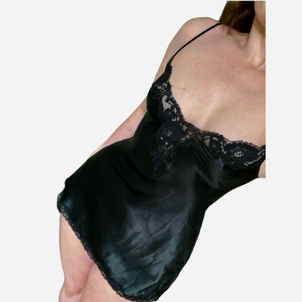 100% Silk Vintage Y2K Victoria’s Secret Black Satin Mini Slip Dress Mesh Lace